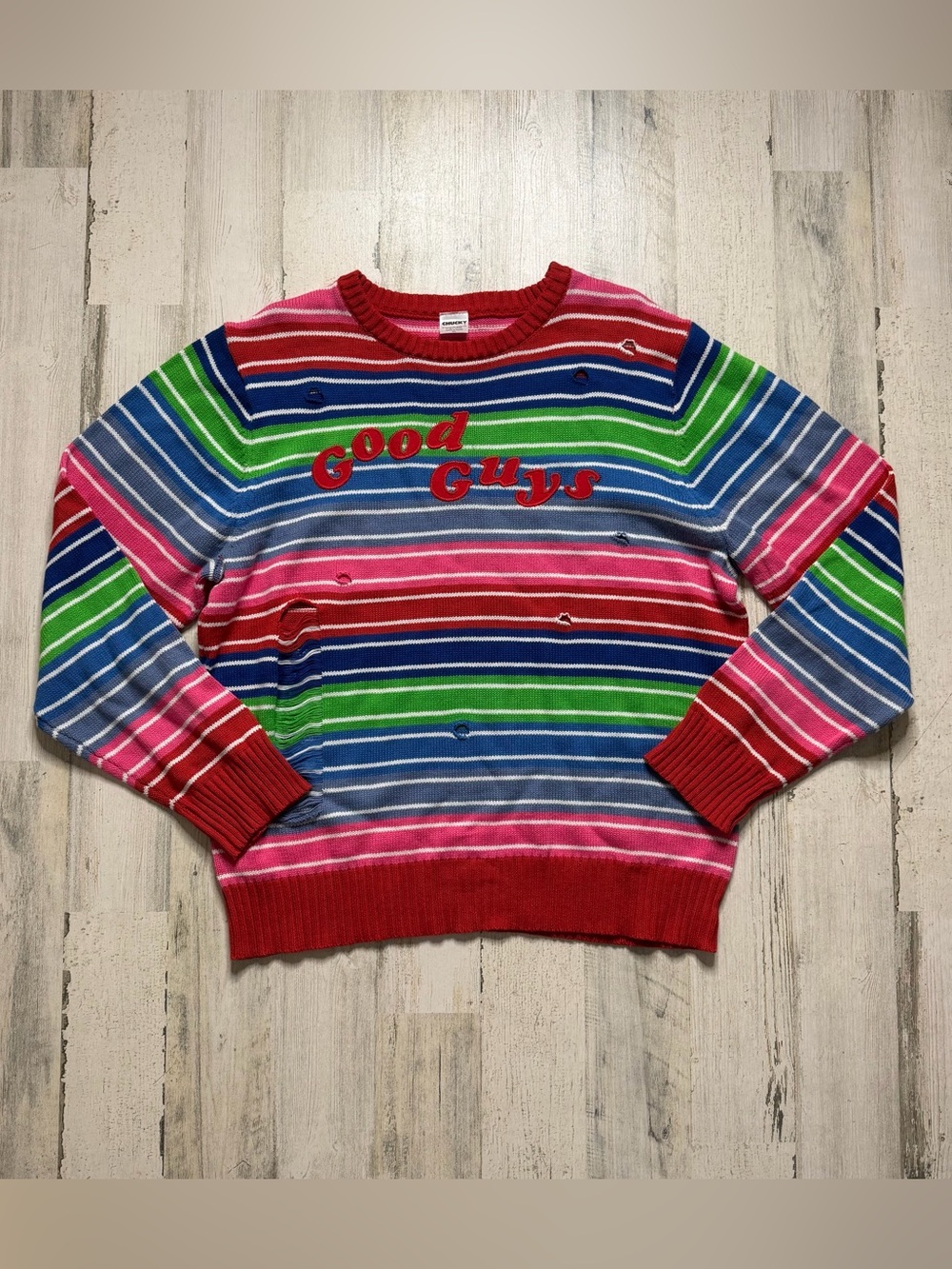 Good Guys Chucky Multicolor Stripe Crewneck Sweater Size XL